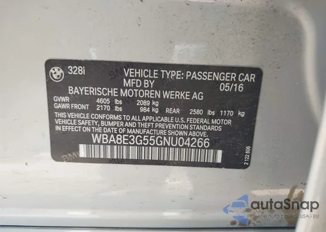 2016 BMW 328I xDrive z USA, uszkodzony, nr VIN WBA8E3G55GNU04266